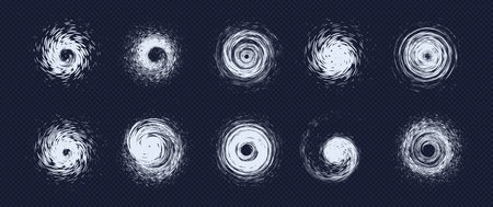 Swirling vortexes representing hurricanes, cyclones, and tornadoes with dynamic spinning motion. Natural force graphic element for weather news, science visuals, disaster designs. Vector illustrationのイラスト素材