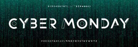Cyber Monday glowing text with futuristic digital font on binary code background. Neon tech sale concept for e-commerce, shopping, advertising banner. Matrix glitch style. Vector illustrationのイラスト素材