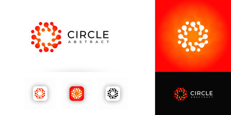 Swirling circular logo made of connected dots and fluid shapes, evokes energy, innovation, motion. Suitable for science, biotech, communication, branding. Modern abstract vector logo.のイラスト素材