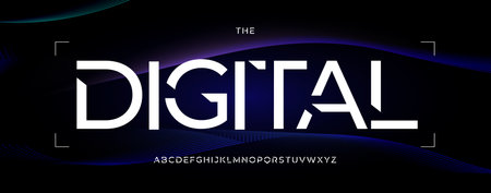 Futuristic Digital Font on Dark Tech Background with Neon Wave Lines in Minimalist Style. Edgy Geometric Alphabet for Cyberpunk Design, Tech Branding, HUD, EDM Posters, AI modern logo. Vector typesetのイラスト素材