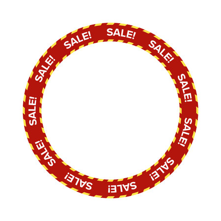 Red Circular Sale Frame with Yellow Warning Stripes and Bold SALE. Text, Ideal for Promotions, Announcements, and Attention-Grabbing Ads. High Contrast Design. Vector Illustration.のイラスト素材