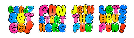 Colorful Bubble Fun Phrases Like Lets Have Fun and Ready Set Go, Featuring Smiling Faces and Vibrant Cartoon Style on White Background. Playful Vector Illustrationのイラスト素材