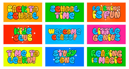 Bright Bubble Letter Education Phrases Like Back to School and Time to Learn with Smiling Faces and Colorful Backgrounds. Perfect for Kids Learning Projects. Vector Illustration.のイラスト素材