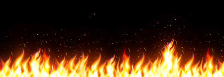 Burning Fire Flames With Sparks On Dark Background. Hot Realistic Fire Border For Banner, Poster, Or Design Decoration. Vector Illustrationのイラスト素材