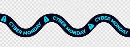 Cyber Monday Sale Snake Banner With Curved Black And Blue Warning Tape On Transparent Background. Perfect For Online Shopping Promotion, Discount Advertising, E-Commerce Design. Vector Illustration.のイラスト素材