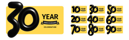 Glossy black balloon numbers anniversary set. Elegant bold typography for milestone celebration...