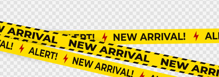 New arrival and alert banner with lightning bolt symbols on yellow tape. Caution-style stripe for store promotions, product launches, and digital ads. Vector illustration.のイラスト素材