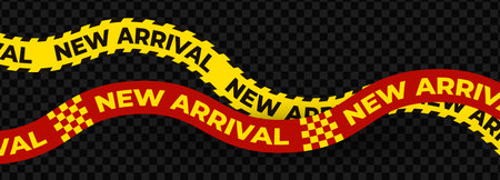 New arrival ribbons in bold red and yellow with checkered pattern. Vibrant retail promotion element for store banners, web ads, product launches. Vector illustration.のイラスト素材
