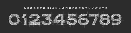 Technical Sketch Number Font, Blueprint Alphabet for architecture posters, engineering design, tech manuals, and mechanical branding. Perfect for drafts, UI, construction themes. Vector Illustration.のイラスト素材