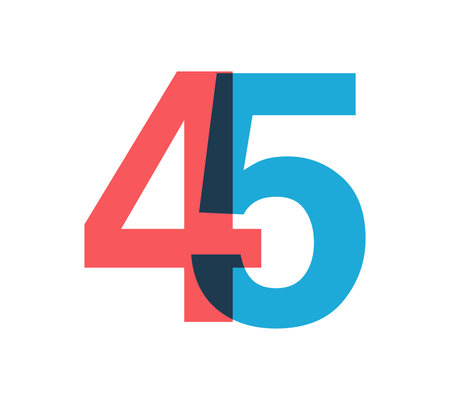 Overlapping red and blue 45 digits with transparent effect, evokes modernity, joy, energy....