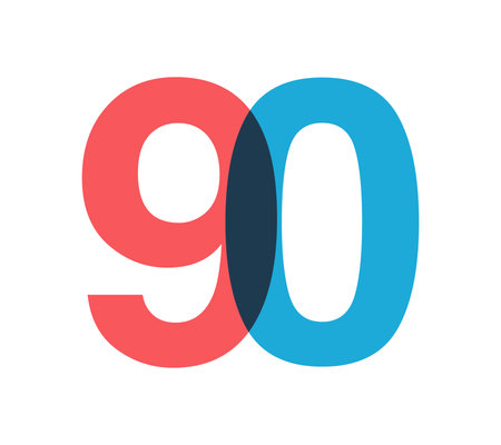 Overlapping red and blue 90 digits with transparent effect, evokes modernity, joy, energy. Anniversary number design for branding, event graphics, promotional materials. Vector illustration.のイラスト素材