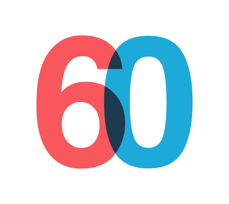 Overlapping red and blue 60 digits with transparent effect, evokes modernity, joy, energy. Anniversary number design for branding, event graphics, promotional materials. Vector illustration.のイラスト素材