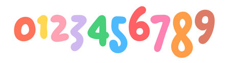 Cute Colorful Cartoon Numbers for Kids, Rounded Bold Typeface Perfect for Learning, Education, Posters, or Games. Bright Fun Font Set. Summer typography design. Vector digitsのイラスト素材