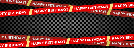 Happy Birthday Frame Crossing Tape Vector, Red Striped Ribbon Border Isolated on Dark Transparent Background. Perfect for invitations, event branding, banners. Vector Illustrationのイラスト素材