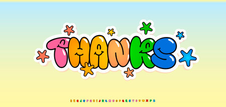Happy cartoon bubble letters, word thanks. Colorful inflated text with smiling faces and stars. Great for kids birthday cards, fun party invites, school posters, stickers. Vector illustration.のイラスト素材