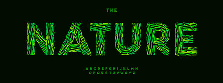 Green nature alphabet, bold sans serif letters, abstract eco font for fresh organic branding, natural headline, environmental typography, farming typographic design. Vector typeset.のイラスト素材