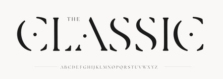 Luxury stencil alphabet, premium serif letters, classic vintage font with artistic contrast feel, elegant brand logo, haute wedding headline, fashion typographic identity. Vector typeset.のイラスト素材