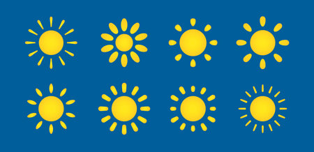 Bright yellow sun icons on blue background in flat minimal style. Ideal for weather apps, kids...