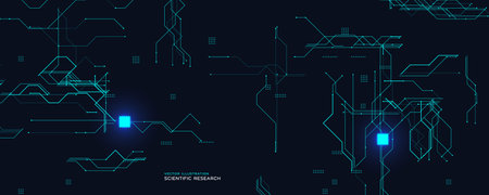Scientific Circuit Board With Glowing Chips. Dark tech background with two bright microprocessors....
