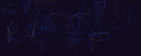 Futuristic Data Grid Neon Lines. Abstract tech background in dark mode with blue and orange dotted...