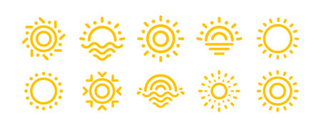 Minimal Yellow Sun Icons Set In Line Art Style, Featuring Sunrise, Sunset, And Abstract Weather...