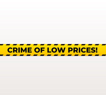 Crime of low prices warning tape with caution stripes and bold black text. Urgent sale message for retail promo. Marketing design for ecommerce, shopping ads. Flat vector illustrationのイラスト素材