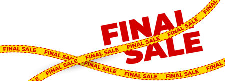 Urgent promo ribbon, bold red tape, final sale banner for discount ad, shopping offer zone, warning label design, dynamic retail strip. Vector illustration.のイラスト素材