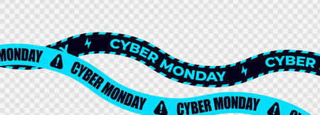 Cyber Monday Wavy Tape Lines, Sale Banner Ribbons in Blue and Black, Original Sticker for Online Deals, Discounts, and Tech Promotions. Vector Illustration.のイラスト素材