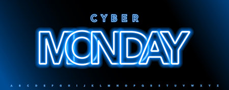 Blue neon alphabet, glowing outline letters, vibrant luminous font for promo banner, Cyber Monday sale, digital button, shop title, marketing headline, luminous typographic design. Vector typesetのイラスト素材