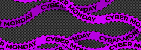 Curved purple Cyber Monday tape with bold black letters on transparent background. Evokes urgency, grabs attention. Ideal for online sales, ads, banners, web promotions. Flat vector illustrationのイラスト素材