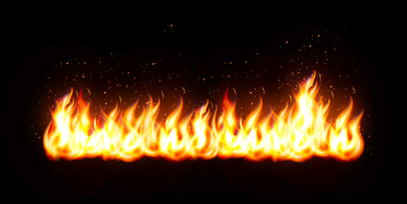 Realistic Horizontal Fire Border With Glowing Flames And Flying Sparks On Dark Background. Vector...