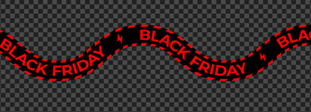 Black Friday Sale Line Ribbon Banner with Red Text on Black Tape. Wavy Striped Design Isolated on White Background for Ecommerce, Promotions, and Shopping Ads. Vector Illustration.のイラスト素材