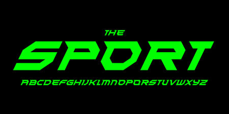 Cyber racing alphabet, sharp italic letters, green electro font for action game logo, digital headline, esport typography, tech startup branding, modern geometric typographic design. Vector typeset.のイラスト素材