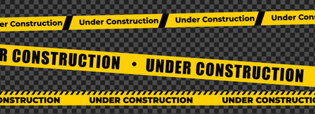 Under construction sign with yellow warning tape safety stripe. Caution barrier stripe for safety zone, blocked area, website page, road work, site maintenance, redesign progress. Vector illustration.のイラスト素材