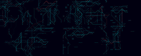 Digital Circuit Board With Glowing Dotted Lines. Futuristic dark background with blue and red data...