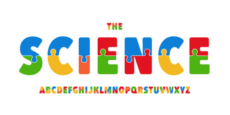 Kid Science educational font, STEM colorful alphabet for scientific headline, funny scientific game and lessons book typographic design. Modern vector typesetのイラスト素材