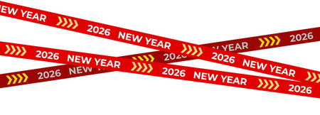 Happy New Year 2026 red yellow arrow banners. Festive diagonal ribbon design for holiday ads,...