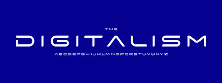 Futuristic sci-fi logo font, wide techno alphabet. Sleek digital typeface for space HUD, data science, cyber engineering, innovation branding, tech display, modern interface. Vector typographyのイラスト素材