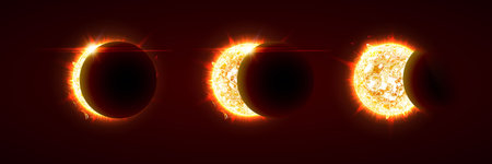 Solar eclipse phases, moon covering sun, sunlight in space, intense fiery corona glow graphic for...