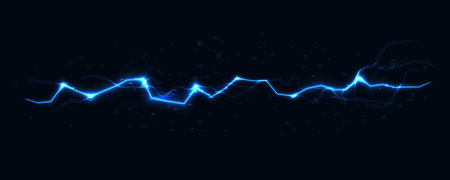 Blue realistic lightning arc splits darkness, thunderbolt high voltage pulse, tense energy in neon glow for electricity, power energy, storm, renewable technology, battery tech, EV. Vector graphicのイラスト素材