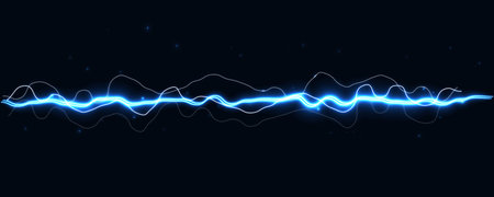 Glowing blue electric waveform horizontally lightning line with smooth pulses and faint particles on...