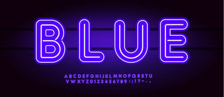 Blue Neon Font Logo Alphabet Vector English Letters Set Modern Typography, Creative Typographic Design for Title Text, Typo Poster Headline, Type Symbol Logotype, Sans Serif Fonts. Vector Typefaceのイラスト素材