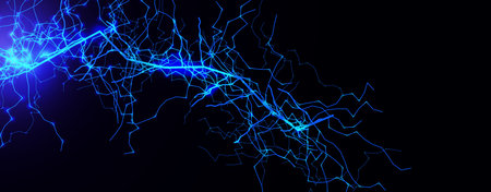 Lightning Thunderbolt Strike Black Night Background, Blue Glow Light Effect Thunder Bolt. Realistic...