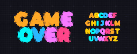 Game Over Font Logo Alphabet Y2K Pixel Letter Set Modern Typography, Arcade Typographic Design for Title Text, Gaming Typo Headline, Old Computer Type Symbol Logotype, Games Fonts. Vector Typefaceのイラスト素材