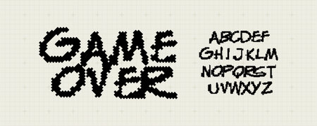 Game Over Font Logo Alphabet Y2K Pixel Letter Set Modern Typography, Arcade Typographic Design for Title Text, Gaming Typo Headline, Old Computer Type Symbol Logotype, Games Fonts. Vector Typefaceのイラスト素材