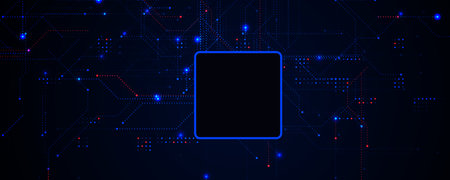AI Chipset Artificial Intelligence Logo Background. Glow CPU Microchip Dark Tech Futuristic Circuit Pattern BG Design. Chip Board Backdrop Digital Cloud Future Data Technology. Vector illustrationのイラスト素材