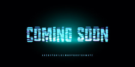 Coming Soon Baner Font Logo Alphabet Futuristic Letter Set Modern Glow Typography, Digital Typographic Design Glitch Title Text, Red Headline Open Store Logotype, Sci-Fi Fonts. Vector Typefaceのイラスト素材