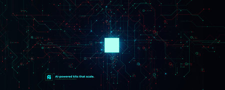 AI Chipset Artificial Intelligence Logo Background. Glow CPU Microchip Dark Tech Futuristic Circuit...