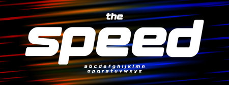 Modern Tech Racing Font With Speed Lines Effect On Red, Turquoise, Neon Light Background. Bold Sport...