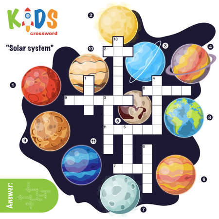 Easy crossword puzzle 'Solar system', for children in elementary and middle school. Fun way to practice language comprehension and expand vocabulary. Includes answers.のイラスト素材